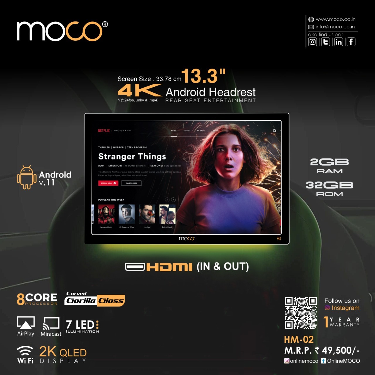 Moco HM-02 13.3" Android Headrest Monitors